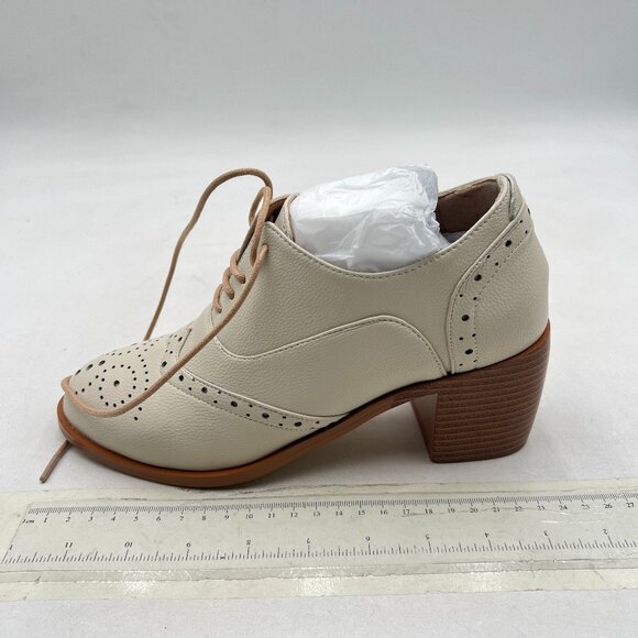 FOWT Beige Perforated Lace-Up Oxfords Almond Toe Mid Chunky Heel Brogues Shoes - Picture 2 of 8